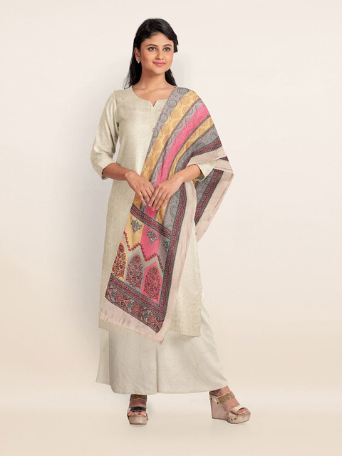 

Pothys Cream-Coloured & Pink Printed Unstitched Dress Material