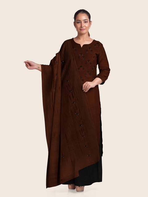 

Pothys Brown & Black Embroidered Raw Silk Unstitched Dress Material