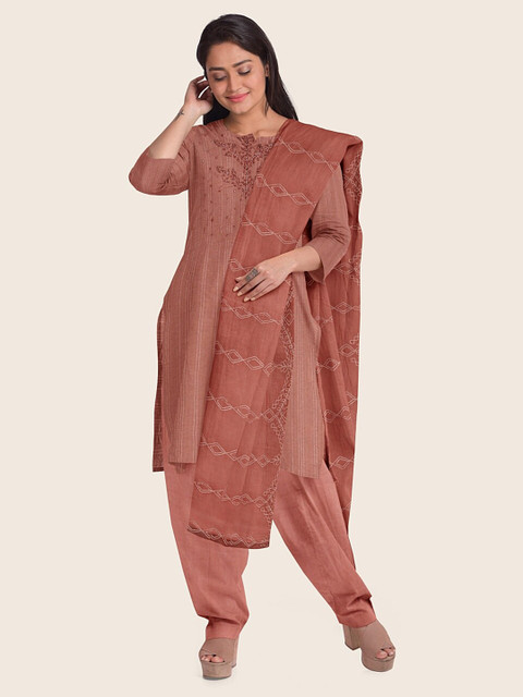 

Pothys Peach-Coloured & White Embroidered Raw Silk Unstitched Dress Material