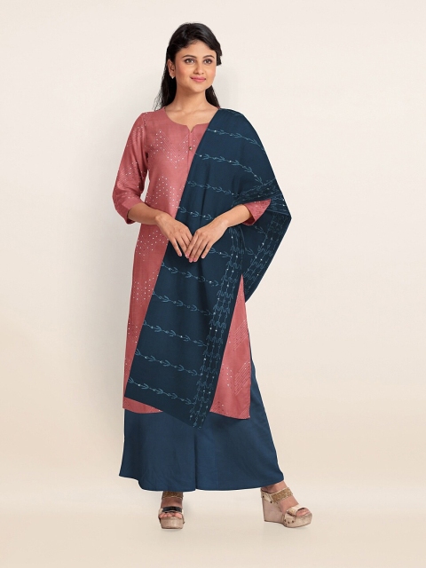 

Pothys Peach-Coloured & Blue Embellished Unstitched Dress Material