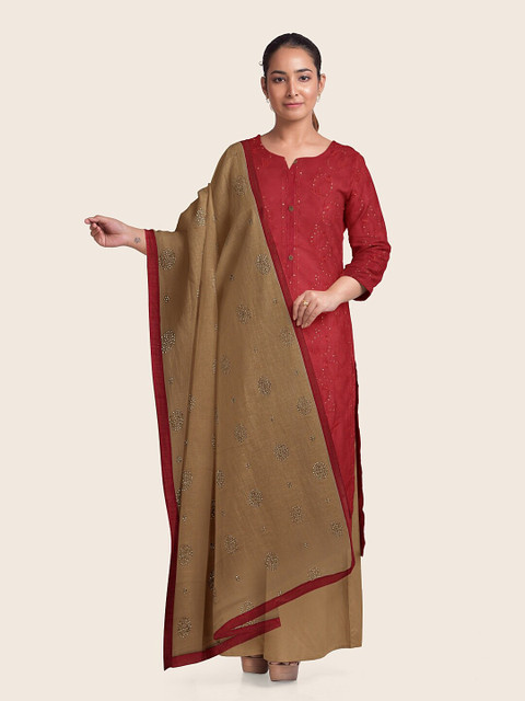 

Pothys Pink & Khaki Embroidered Unstitched Dress Material With Dupatta