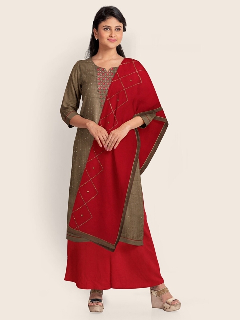 

Pothys Women Grey & Red Floral Embroidered Unstitched Dress Material