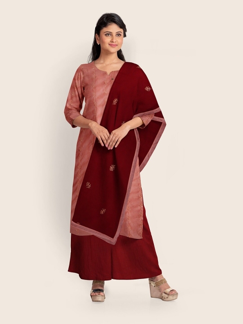 

Pothys Peach-Coloured & Maroon Embroidered Unstitched Dress Material