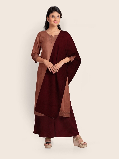 

Pothys Peach-Coloured & Maroon Embroidered Raw Silk Unstitched Dress Material With Dupatta