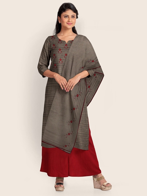 

Pothys Grey & Maroon Embroidered Raw Silk Unstitched Dress Material