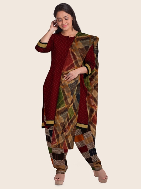 

Pothys Maroon & Green Printed Unstitched Dress Material