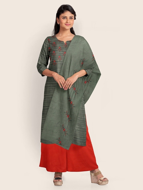 

Pothys Green & Red Embroidered Raw Silk Unstitched Dress Material