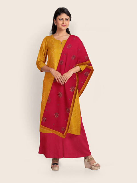 

Pothys Yellow & Magenta Printed Unstitched Dress Material