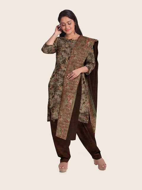 

Pothys Coffee Brown & Red Printed Unstitched Dress Material