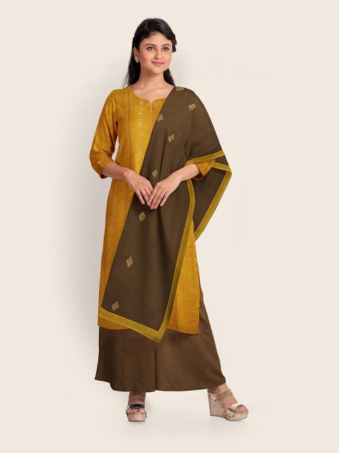 

Pothys Mustard & Brown Embroidered Unstitched Dress Material With Dupatta