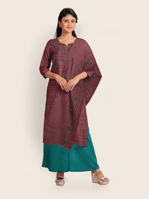 

Pothys Brown & Teal Green Embroidered Raw Silk Unstitched Dress Material