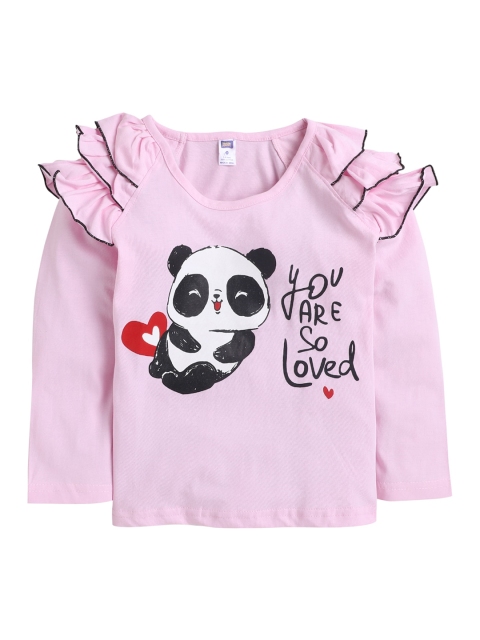 

Hopscotch Girls Pink Typography Printed Ruffled T-shirt