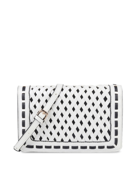 

Metro White Geometric Printed Structured Sling Bag with Cut Work
