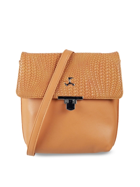 

Mochi Tan Textured PU Swagger Sling Bag with Cut Work