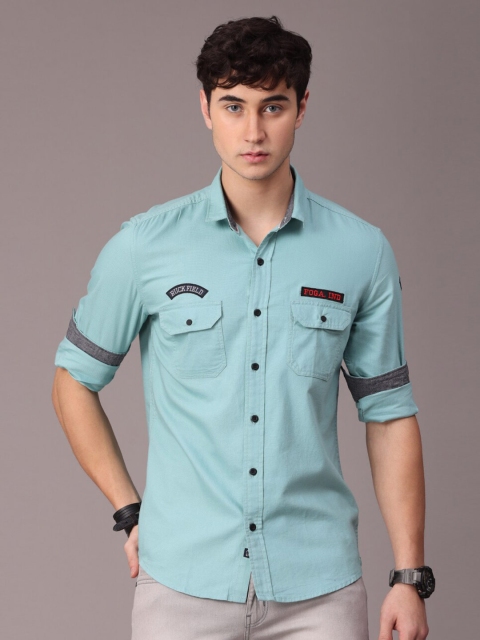 

FOGA Men Turquoise Blue Slim Fit Pure Cotton Double Pocket Casual Shirt