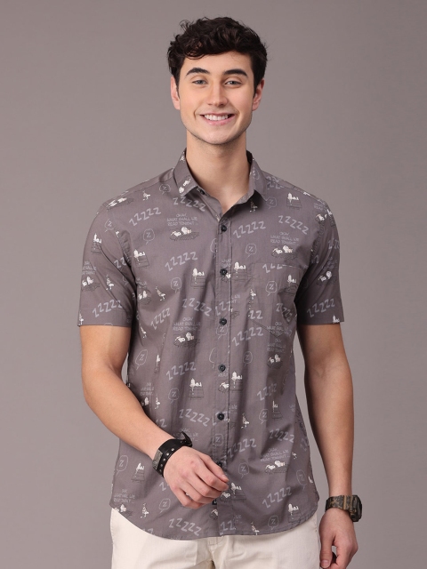 

FOGA Men Grey & White Slim Fit Printed Pure Cotton Casual Shirt