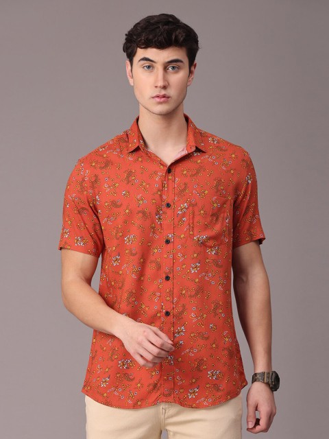 

FOGA Men Rust Slim Fit Floral Printed Casual Shirt