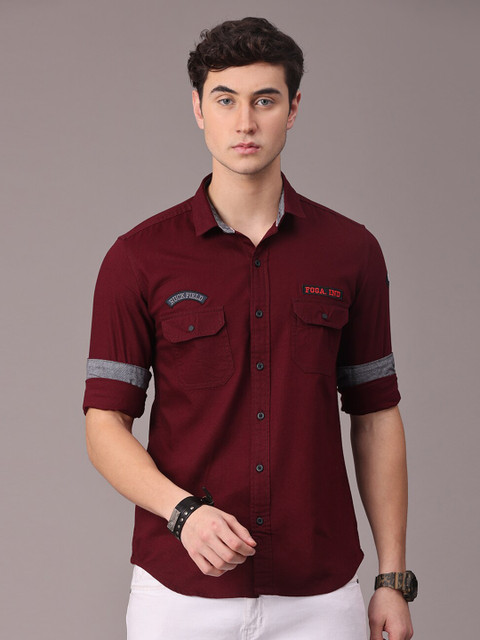 

FOGA Men Maroon Slim Fit Double Pocket Pure Cotton Casual Shirt
