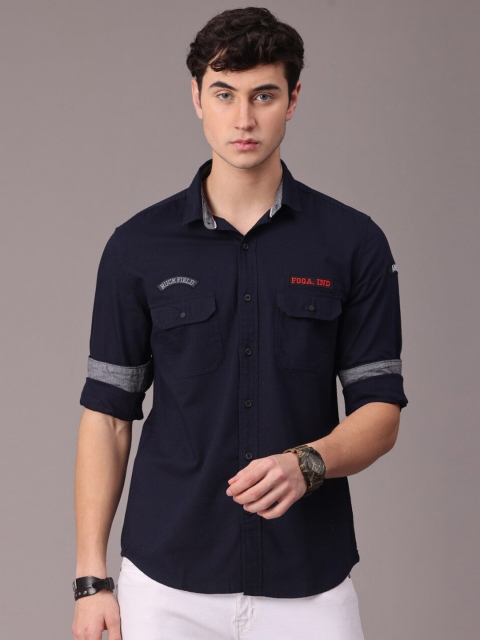 

FOGA Men Navy Blue Slim Fit Pure Cotton Double Pocket Casual Shirt