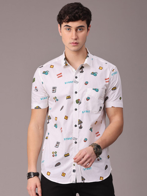 

FOGA Men White Slim Fit Printed Casual Shirt
