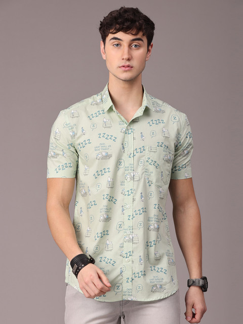 

FOGA Men Sea Green & Blue Slim Fit Printed Pure Cotton Casual Shirt