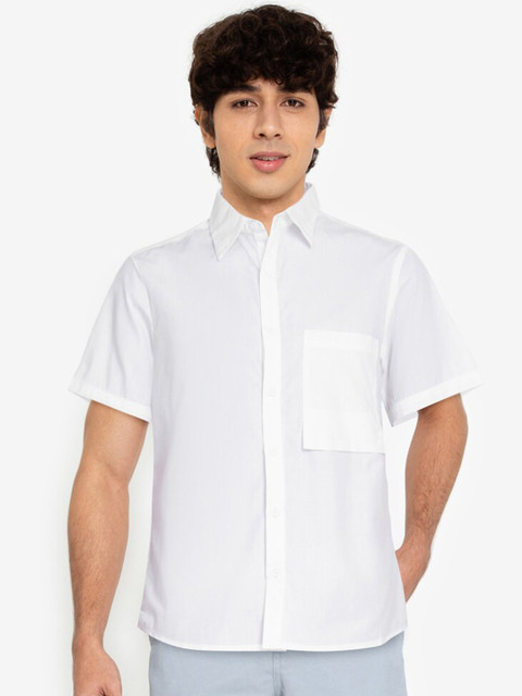 

ZALORA BASICS Men White Semi Sheer Pure Cotton Hanging Pocket Casual Shirt