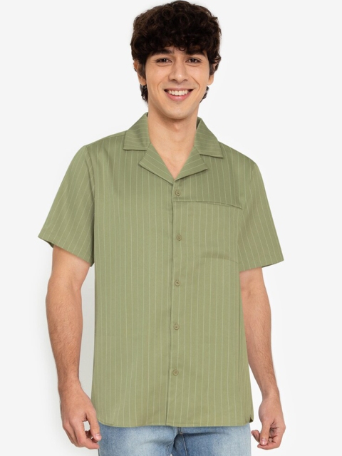 

ZALORA BASICS Men Green Striped Notched Lapel Collar Pure Cotton Casual Shirt