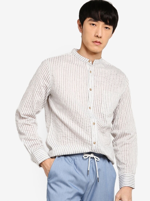 

ZALORA BASICS Men Grey Striped Stand Collar Casual Shirt