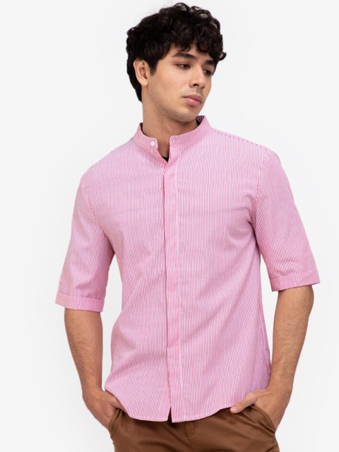 

ZALORA BASICS Men Pink & White Pinstripes Pure Cotton Casual Shirt