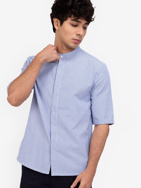 

ZALORA BASICS Men Blue Striped Pure Cotton Casual Grandad Shirt