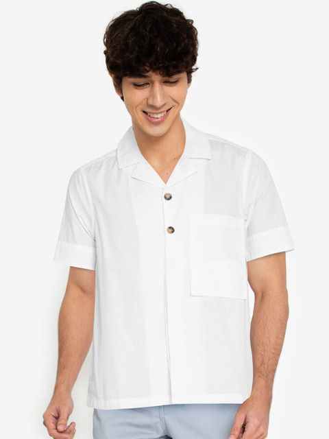 

ZALORA BASICS Men White Semi Sheer Long Rectangle Pocket Pure Cotton Casual Shirt