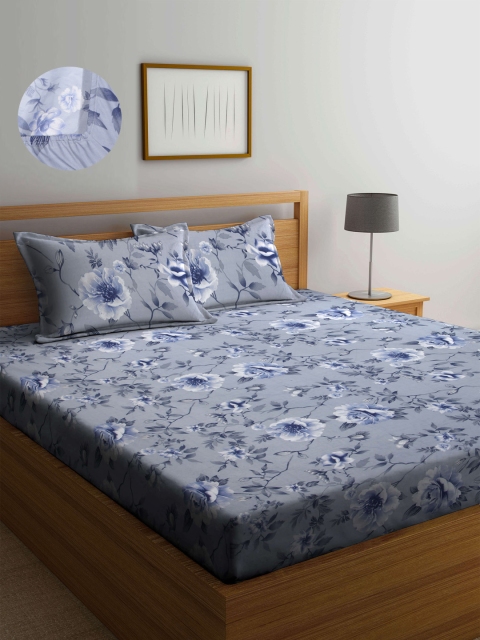 

Arrabi Grey & Blue Floral 300 TC King Bedsheet with 2 Pillow Covers