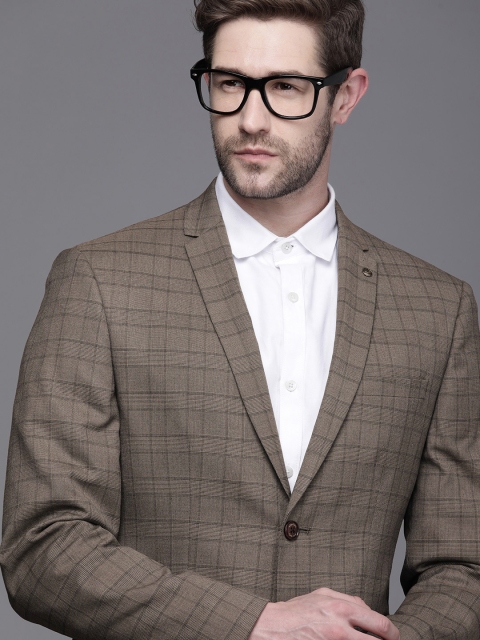 

Allen Solly Men Khaki Slim Fit Checked Single Breasted Formal Blazer