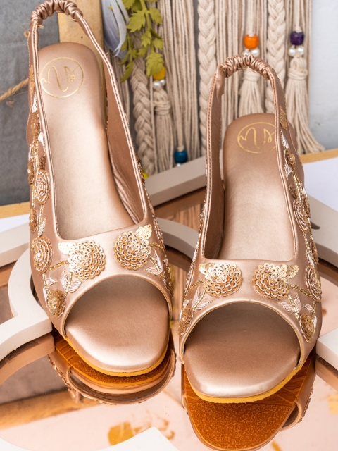 

NR By Nidhi Rathi Rose Gold Printed Leather Ethnic High-Top Wedge Mules with Buckles