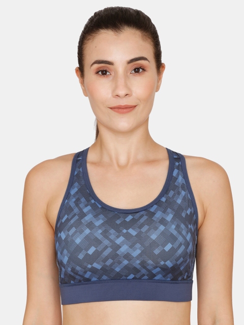 Zelocity by Zivame Blue & Grey Abstract Workout Bra