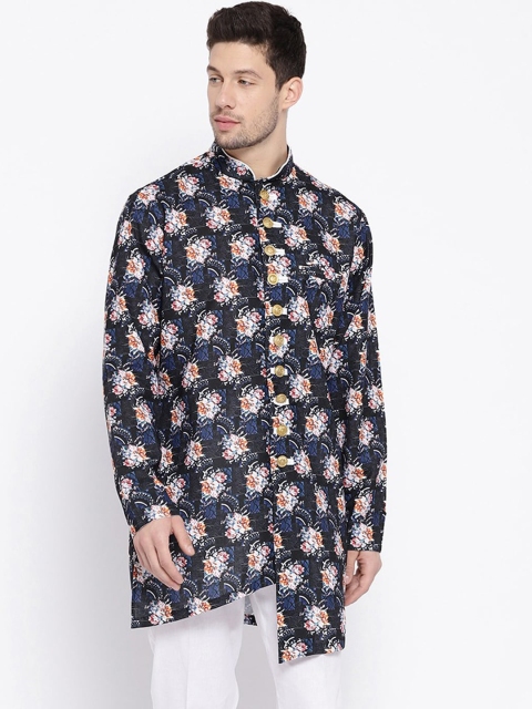 

SG LEMAN Men Navy Blue Floral Printed Flared Sleeves Thread Work Kurta