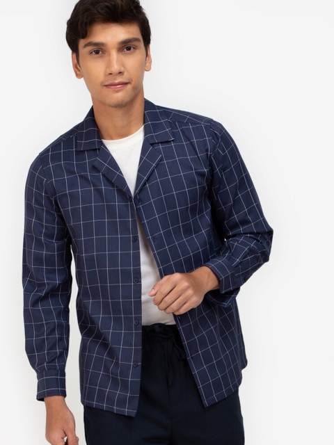 

ZALORA BASICS Men Navy Blue Windowpane Checks Bowling Shirt