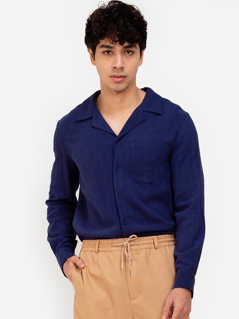 

ZALORA BASICS Men Navy Blue Lapel Collar Pure Cotton Casual Shirt