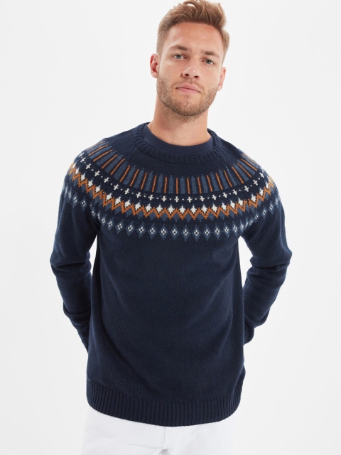 

Trendyol Men Navy Blue Geometric Patterned Round Neck Sweater