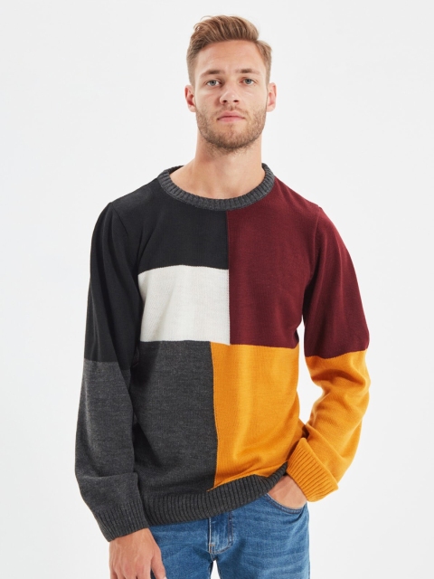 

Trendyol Men Burgundy & Mustard Colourblocked Pullover