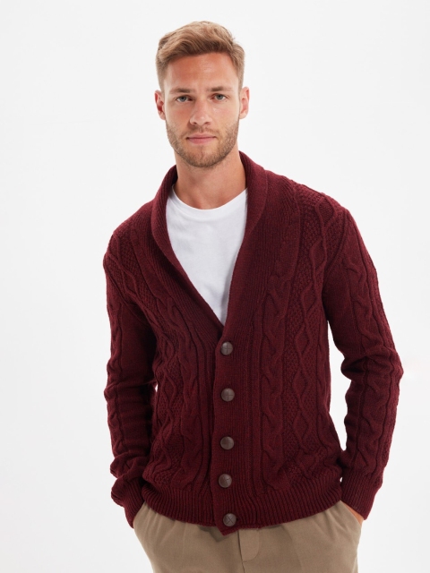 

Trendyol Men Burgundy Cable Knit Cardigan