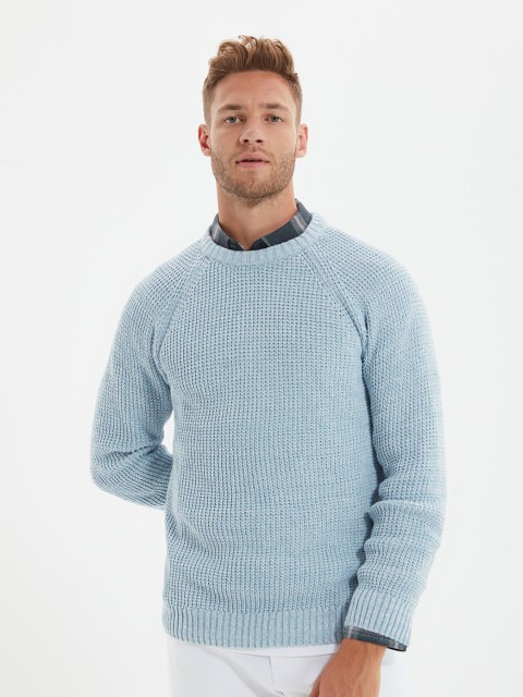 

Trendyol Men Turquoise Blue Ribbed Cotton Pullover
