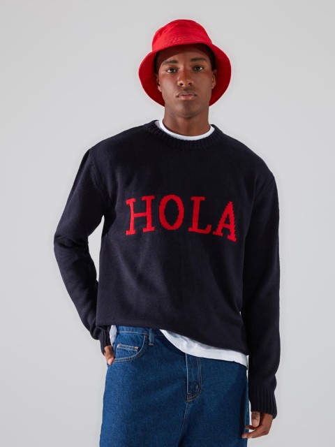 

Trendyol Men Navy Blue & Red Typography Printed Pullover