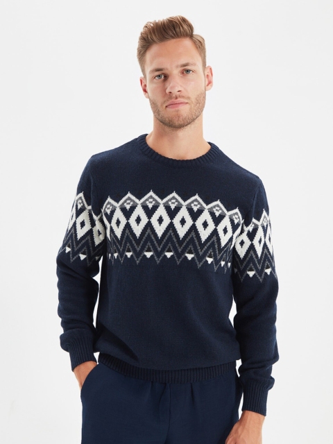 

Trendyol Men Navy Blue & White Printed Pullover