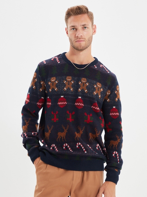 

Trendyol Men Navy Blue & Red Fair Isle Pullover