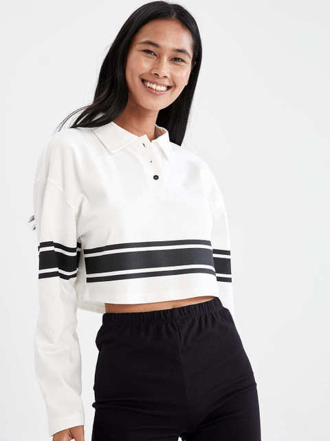 

DeFacto Women White & Black Striped Polo Collar Cotton T-shirt