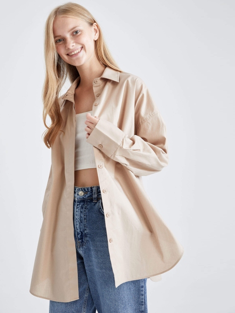 

DeFacto Women Beige Solid Pure Cotton Casual Shirt