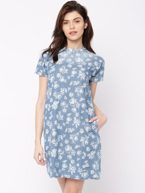 

Pepe Jeans Women Blue Floral Printed A-Line Denim Dress