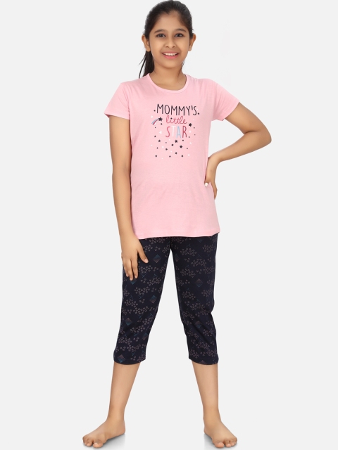 

Charak Girls Pink & Navy Blue Pure Cotton Printed Night suit