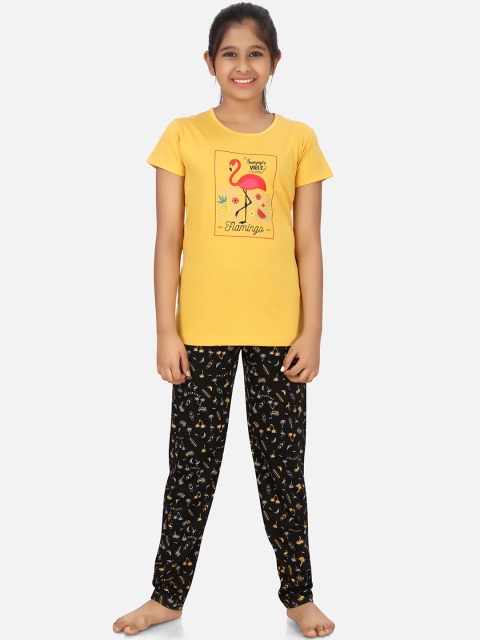 

Charak Girls Yellow & Black Printed Pure Cotton Night suit